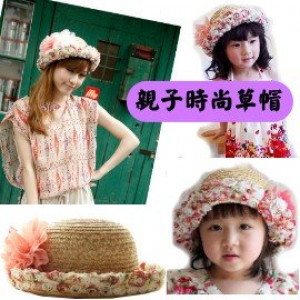 【Super-type accessories spring and summer tourism best parent-child hat】 flower beach hat, parent-child hat over fashionable / sun hat / straw hat / beach hat / children hat / Princess cap ☆