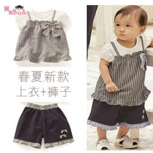 [Elegant princess series spring and summer special pants] spring and summer short-sleeved bow striped two-piece suit / spring and summer shorts suits / leisure suits / children's clothing / ☆ 80-120