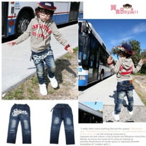 [Wild cowboy series] the most suitable for school wear pants, wash wash dirty - English letters jeans / autumn and winter trousers ☆ 100-140 ☆
