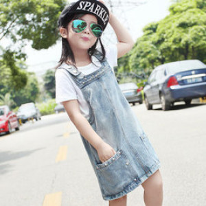 [Wild cowboy series] children's wild long board denim denim dress skirt ★ exquisite design cut corners brush white cowboy vest skirt / strap skirt / spring and summer dress ★ 100-140cm
